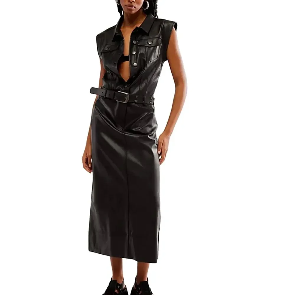 Free People Danni Black Faux Leather Midi Shirt Dress Small